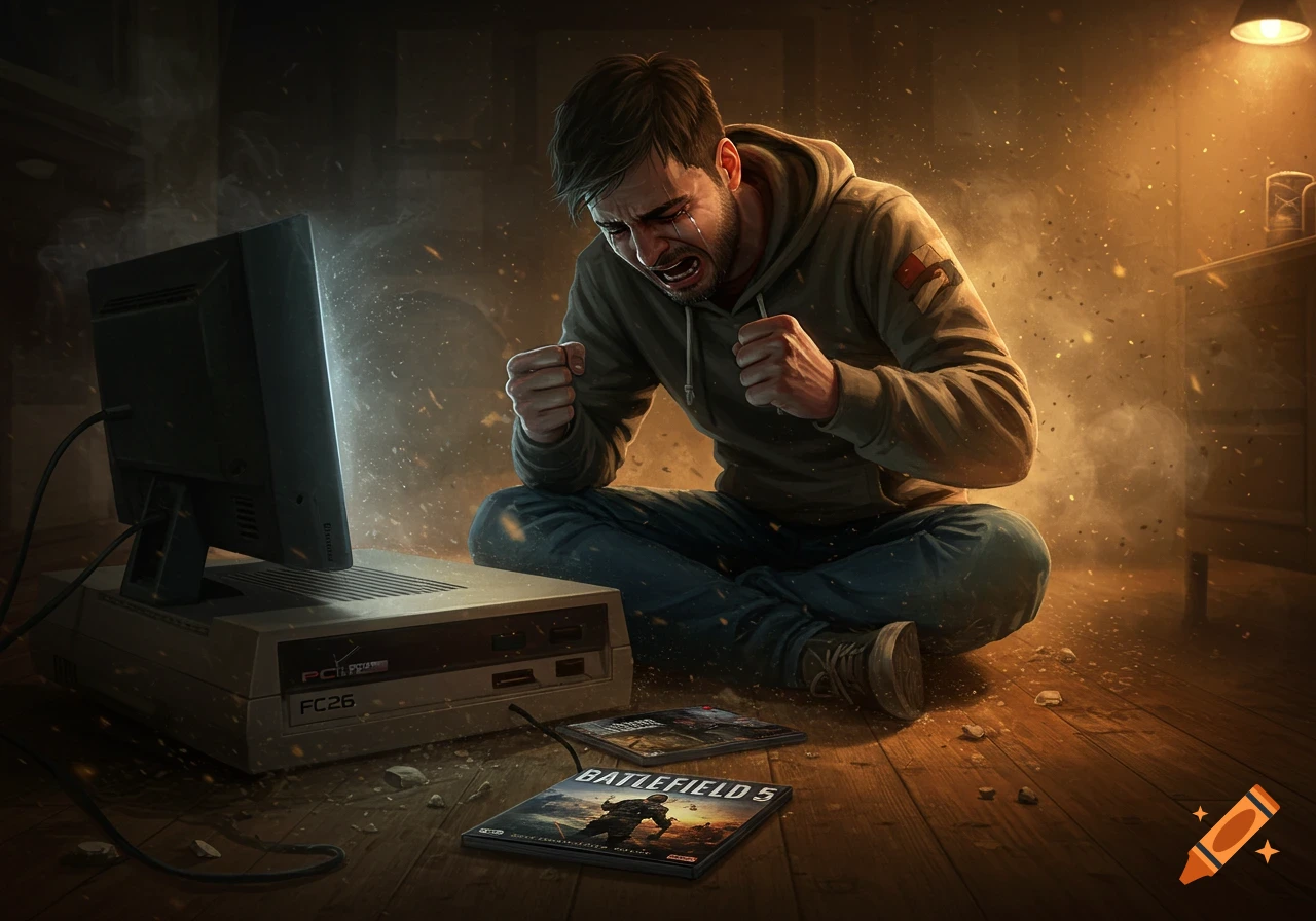 A man cries and clenches his fists in despair, sitting on a wooden floor in front of an old computer and game cases, digital art.