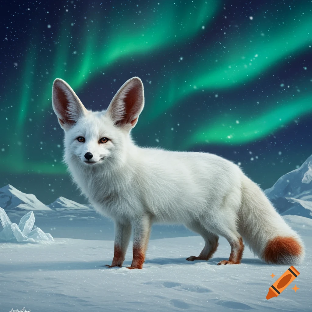 A white fox with large fennec-like ears and a reddish-brown tail tip stands in a snowy arctic landscape under a green aurora borealis sky.