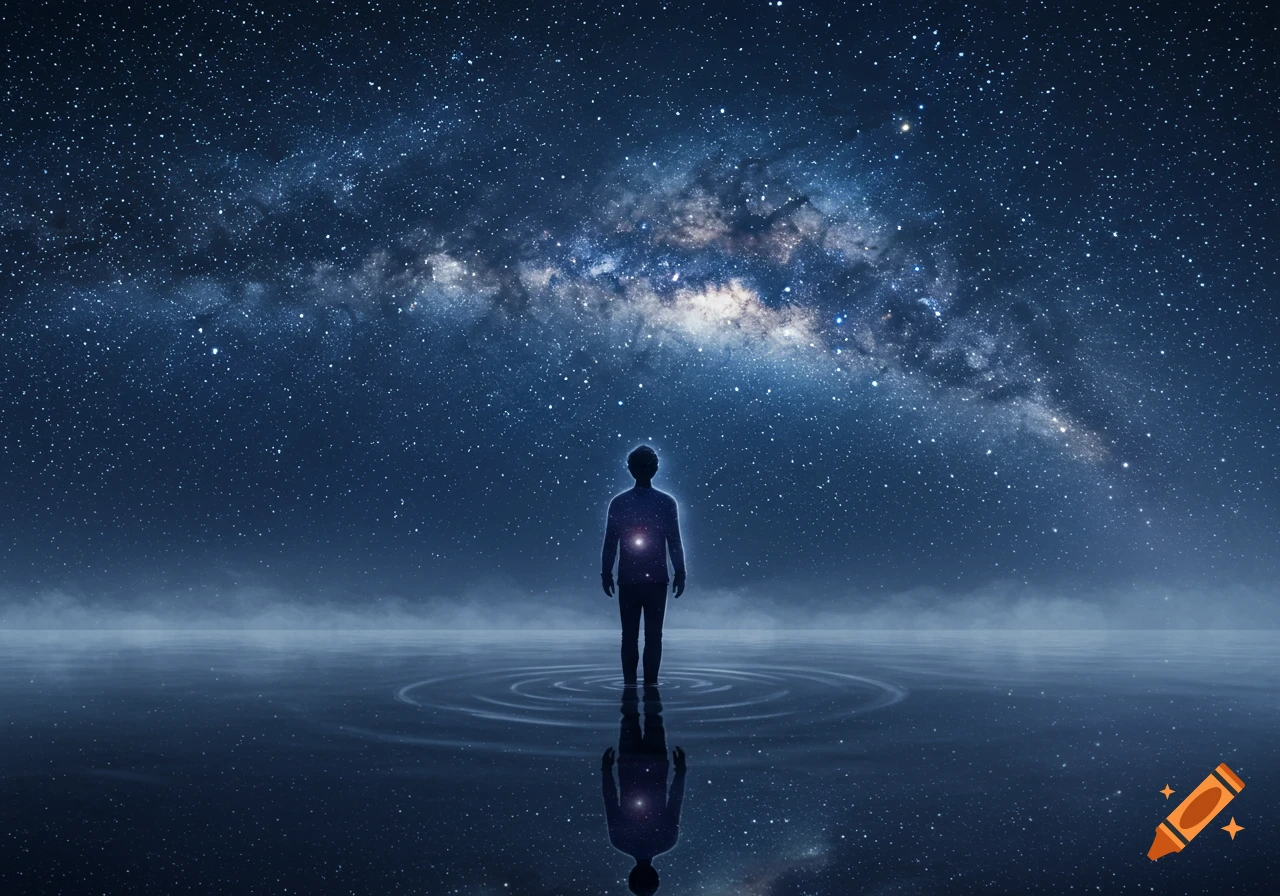 A person's silhouette stands in shallow water under a vast, bright Milky Way galaxy, with mist and ripples on the reflective surface.