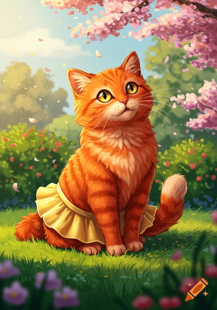An orange tabby cat wearing a yellow ruffled skirt sits in a vibrant spring garden with pink cherry blossoms.