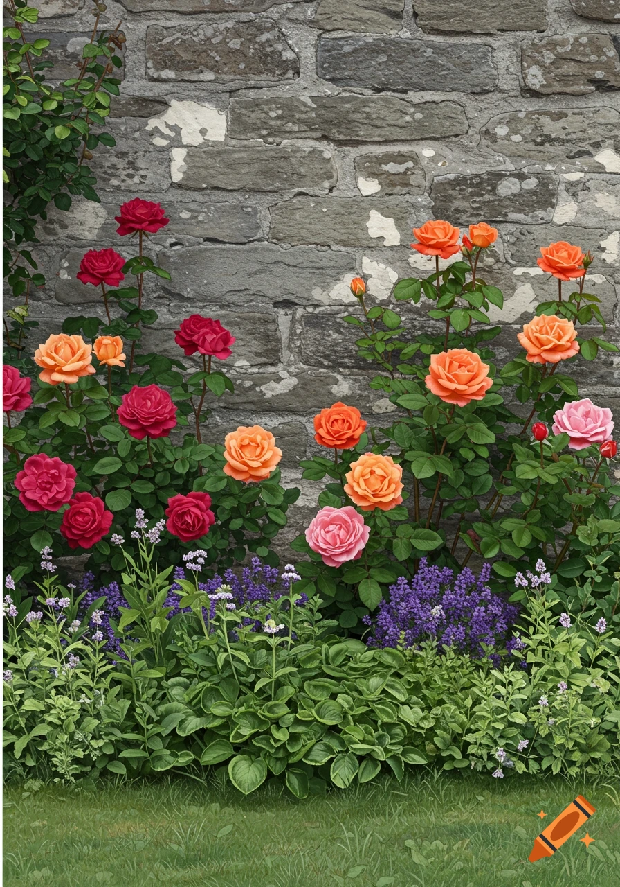Colorful red, orange, and pink roses with purple flowers and green plants in a garden against a grey stone wall and grass.