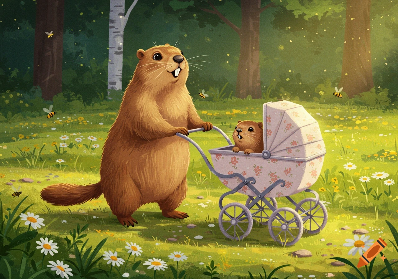 Cartoon groundhog pushing a baby groundhog in a pink floral stroller through a sunny forest meadow with wildflowers and bees.