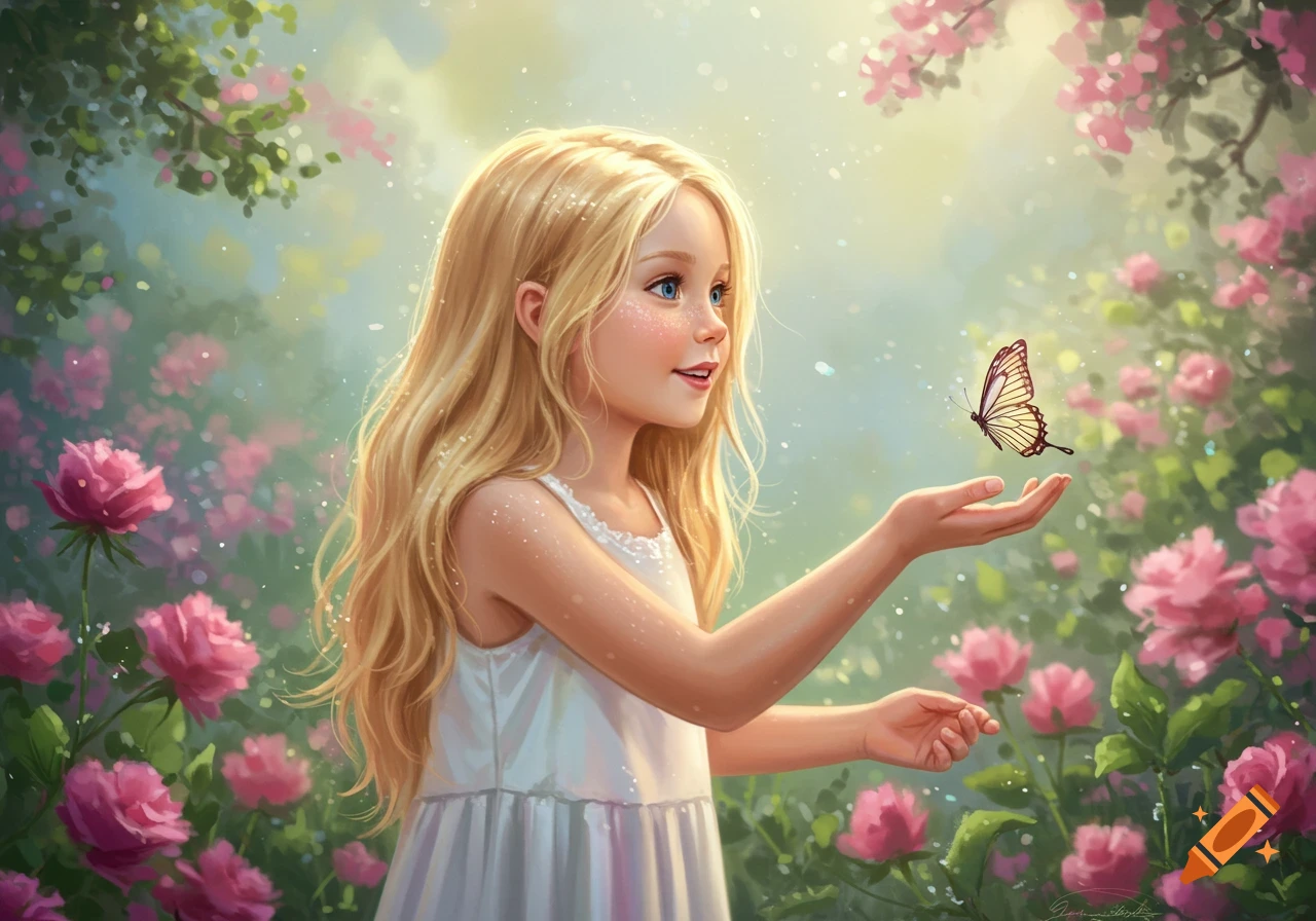 A blonde girl in a white dress reaches for a butterfly in a magical garden filled with pink roses, digital painting.