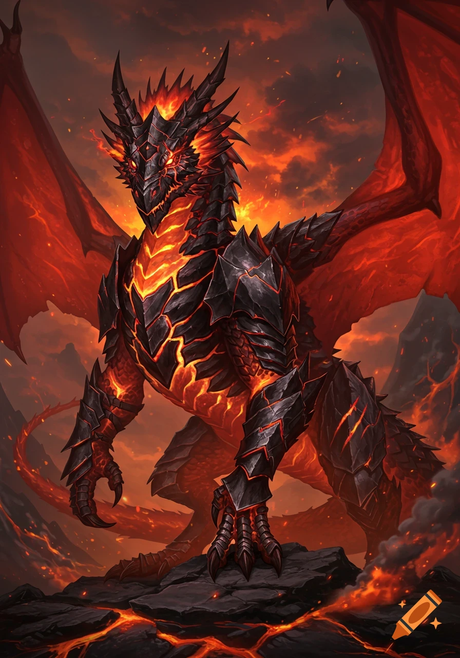 A powerful black and red fire dragon with glowing obsidian armor stands on a volcanic landscape under an orange, smoky sky.