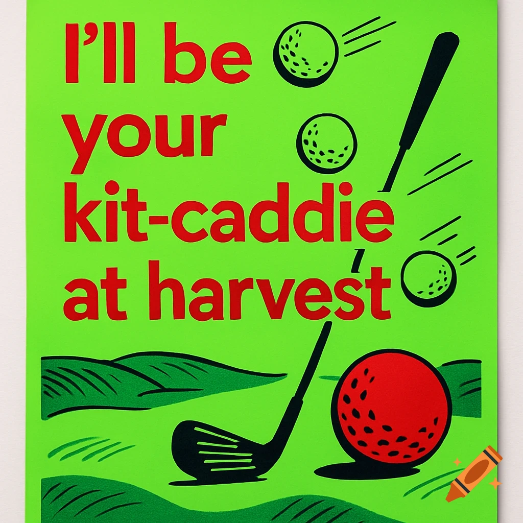 Neon green graphic poster with red text "I'll be your kit-caddie at harvest", featuring black golf clubs and golf balls.
