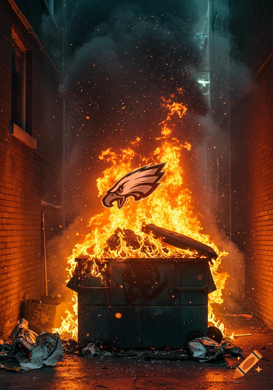 A large green dumpster ablaze in a dark urban alley, with the Philadelphia Eagles logo floating above the flames. Sparks and smoke fill the air against brick walls.