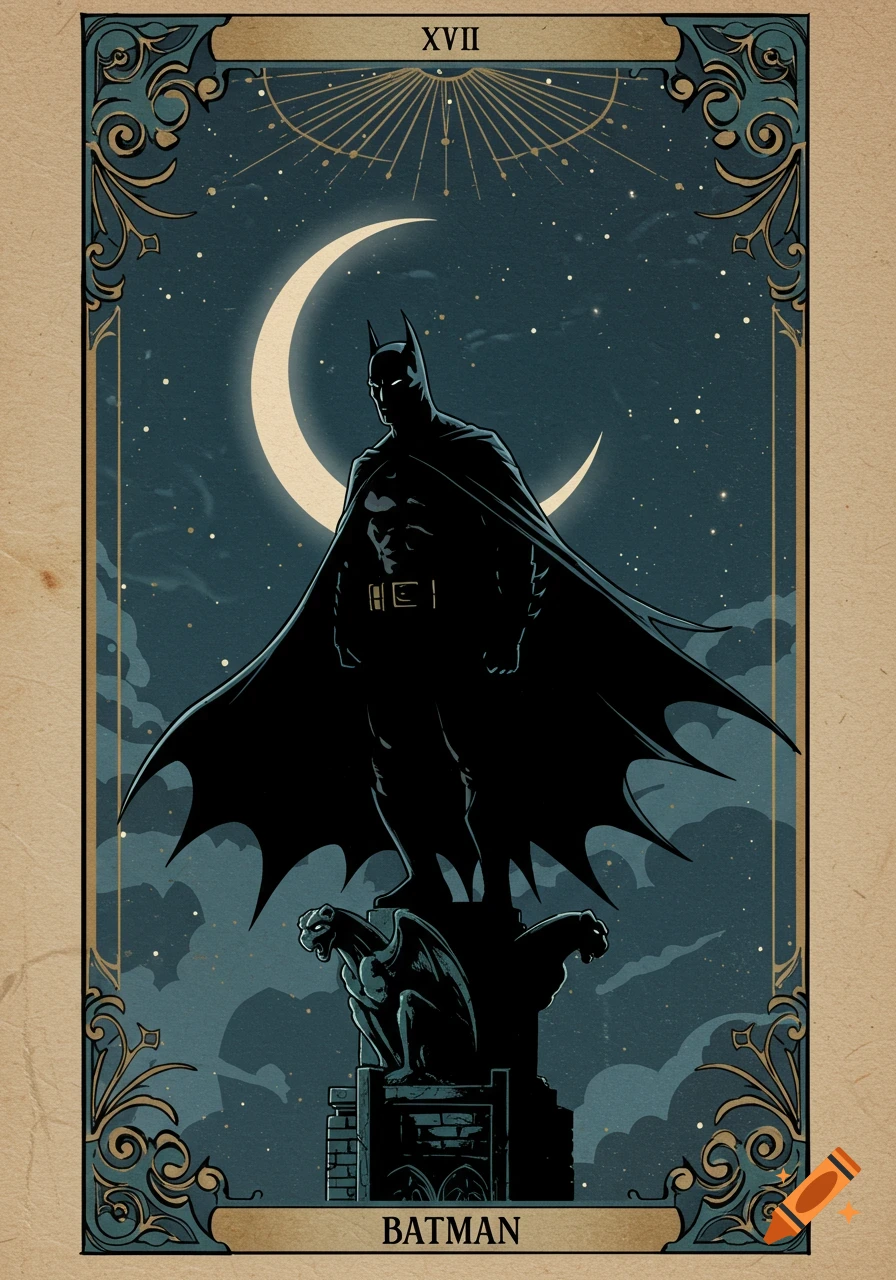 Batman on a vintage tarot card, standing on a building under a crescent moon and stars.