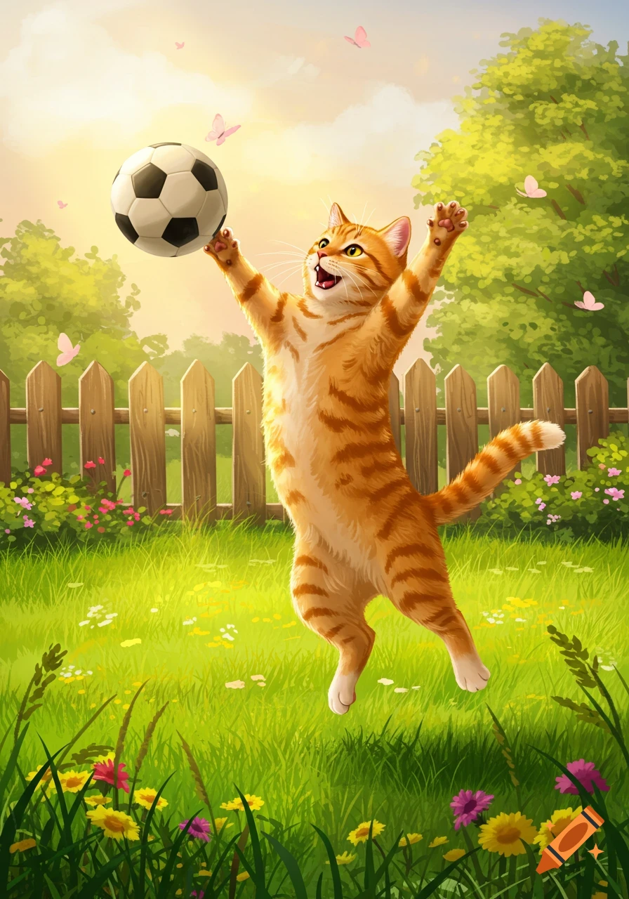 A vibrant cartoon illustration of an orange tabby cat jumping to play with a soccer ball in a sunny green garden with butterflies.