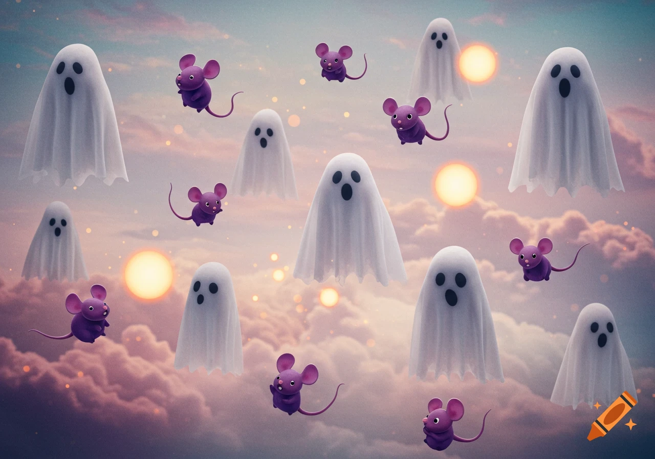 Thirteen cartoon ghosts and purple mice float amidst glowing orbs in a whimsical pink and blue cloudy sky.