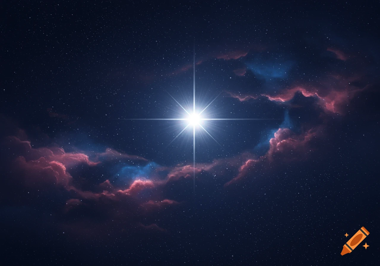 A bright, prominent star with a cross-shaped light flare against a dark blue starry night sky with pink and blue nebulae.
