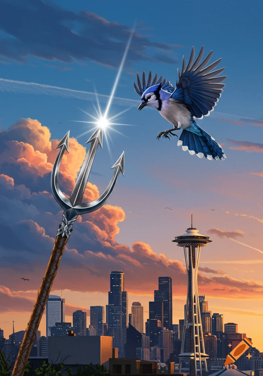 A blue jay flies over the Seattle skyline at sunset, with a large glowing trident in the foreground.