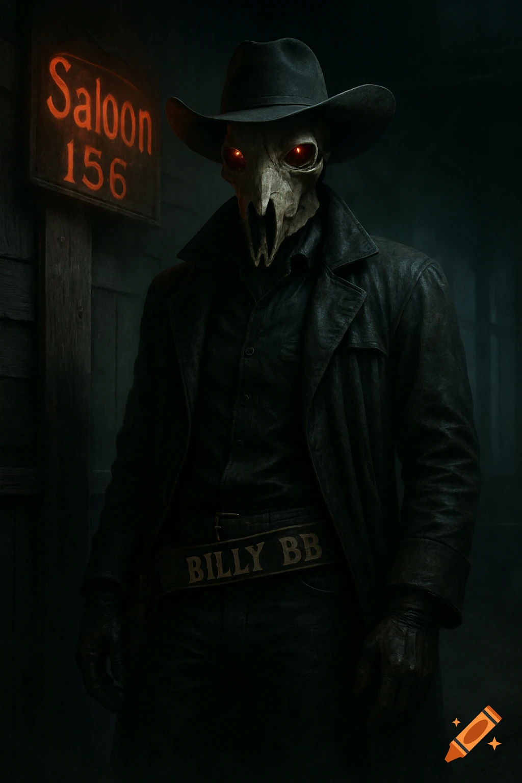 A dark, mysterious cowboy with a skull head and glowing red eyes, wearing a duster coat and a belt with 'BILLY BB' on it, stands next to a glowing red 'Saloon 156' sign in a cinematic western horror style.
