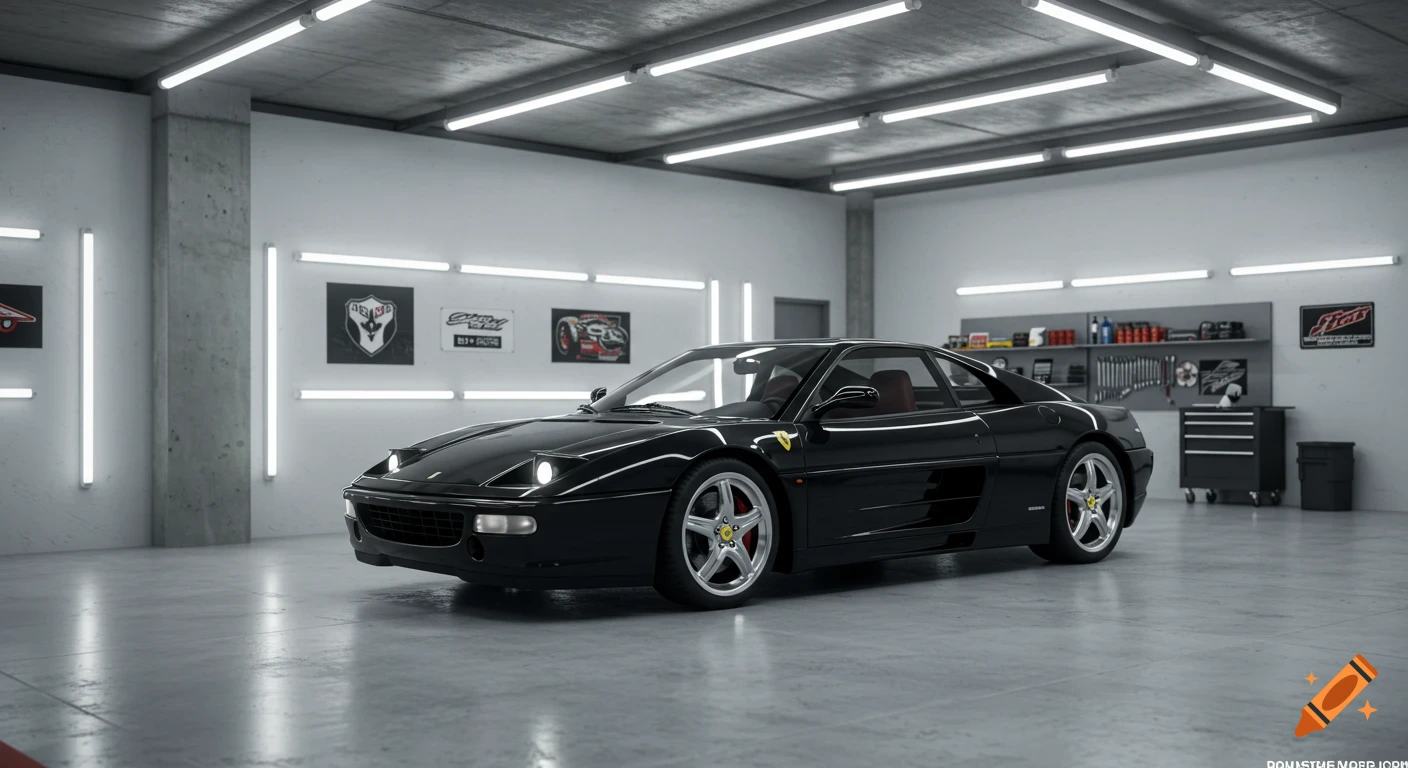 A black Ferrari sports car with red interior parked in a brightly lit white and grey garage with tools and decorative signs.