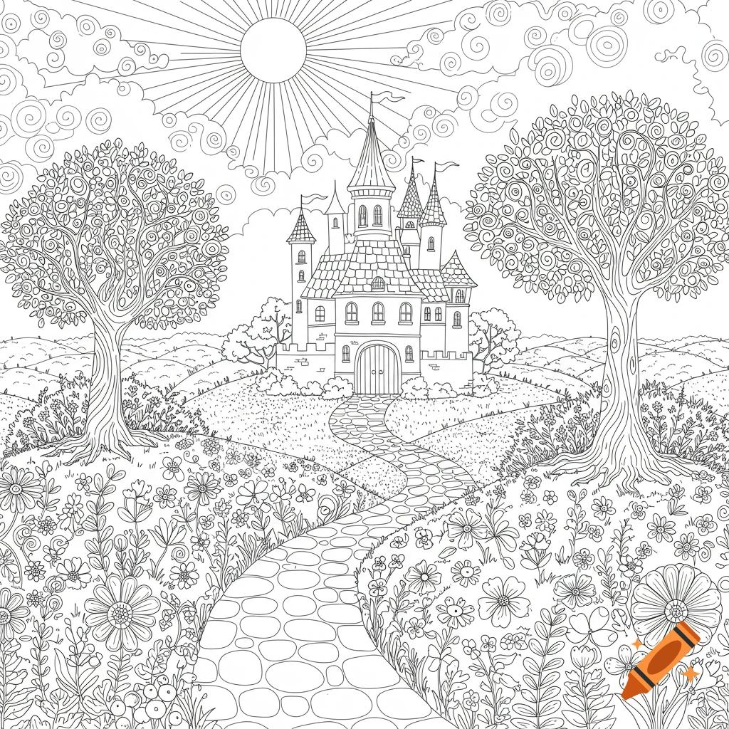 Detailed black and white coloring page of a fantasy castle on a hill, with a winding path, flowering fields, and two large trees under a radiant sun.