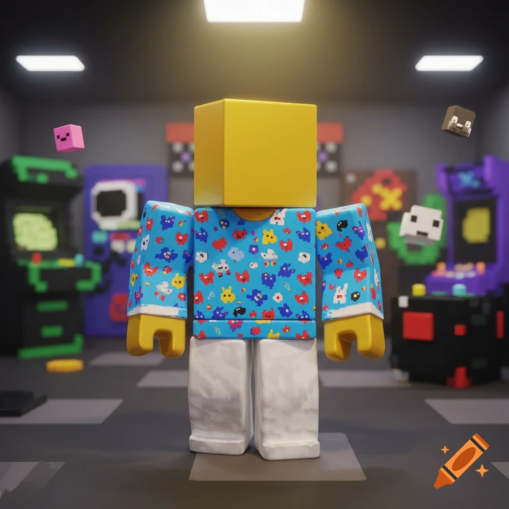 A 3D rendered Roblox-style character with a yellow box head, a blue pixel-patterned shirt, and white pants, stands in a pixelated arcade.