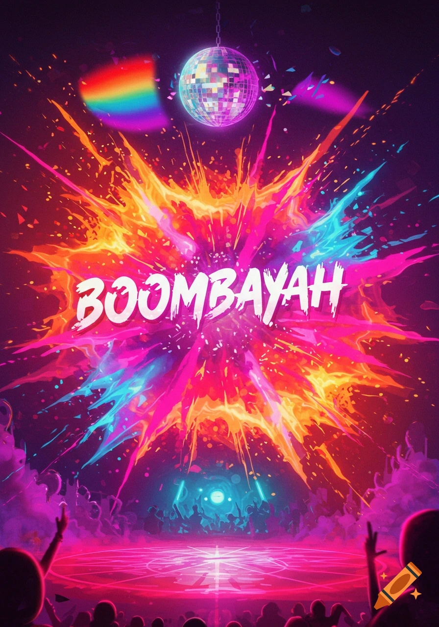 A vibrant, neon-lit disco party scene with a crowd and a disco ball, featuring the text 'BOOMBAYAH'.