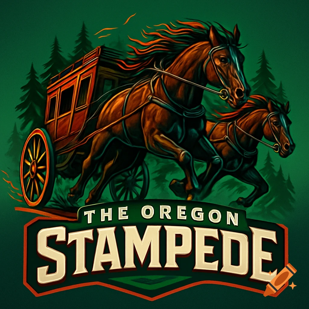 A logo featuring a stagecoach pulled by two brown horses galloping through a dark green forest, with 'THE OREGON STAMPEDE' text below.