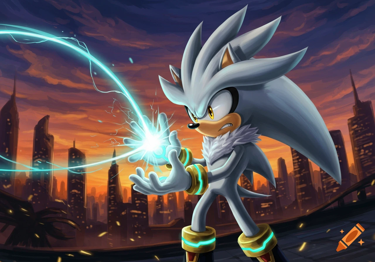 Silver the Hedgehog from Sonic unleashes a blue energy beam from his hands, standing before a fiery sunset cityscape.