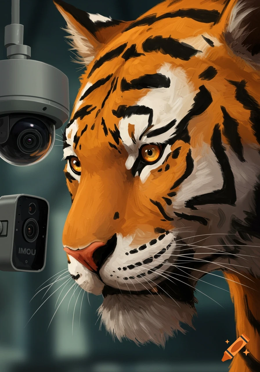 A close-up, painterly illustration of a tiger's face looking towards two security cameras, one dome-shaped, one rectangular with 'IMOU' text.