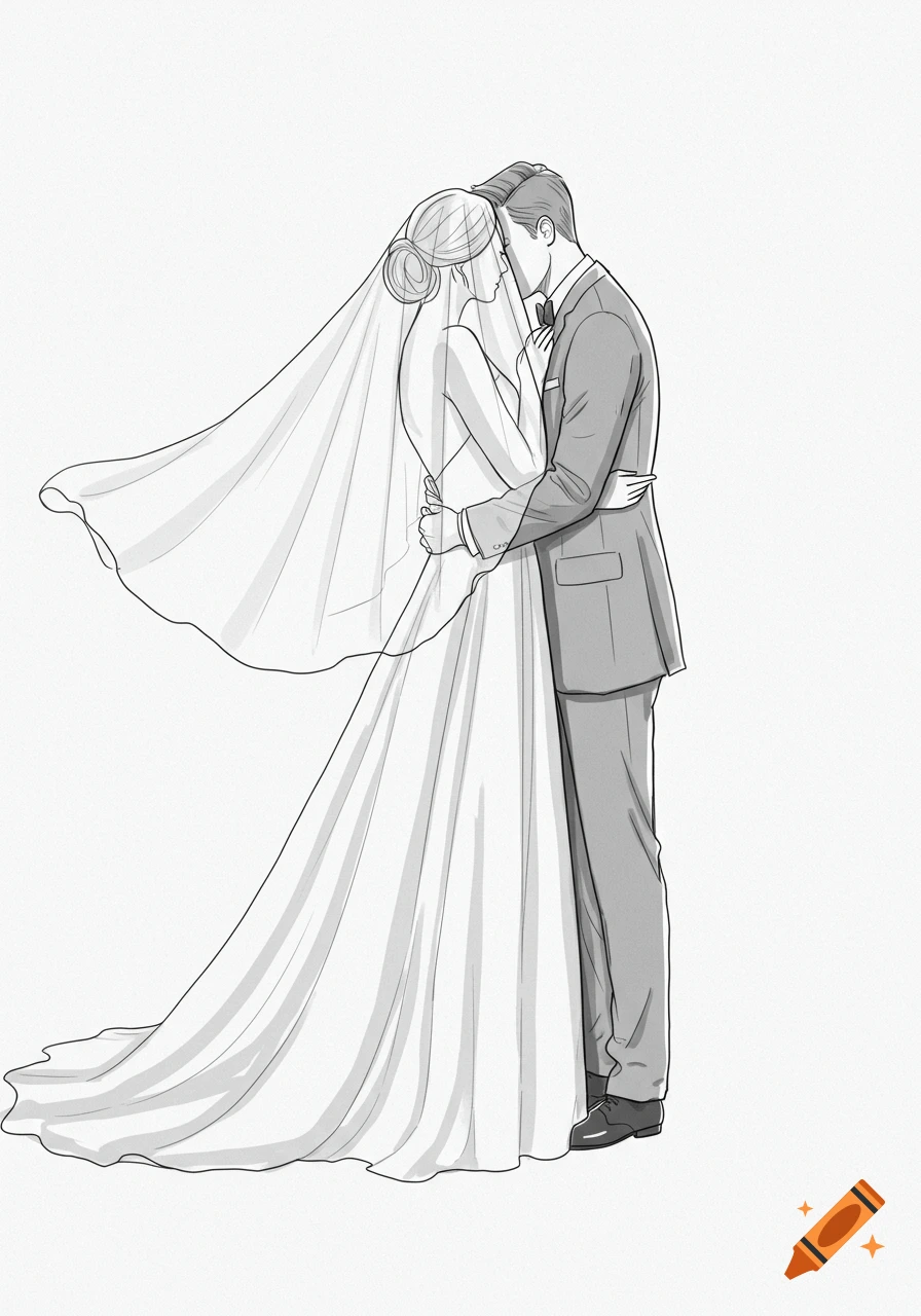 Black and white line art sketch of a bride in a flowing veil embracing a groom in a suit.