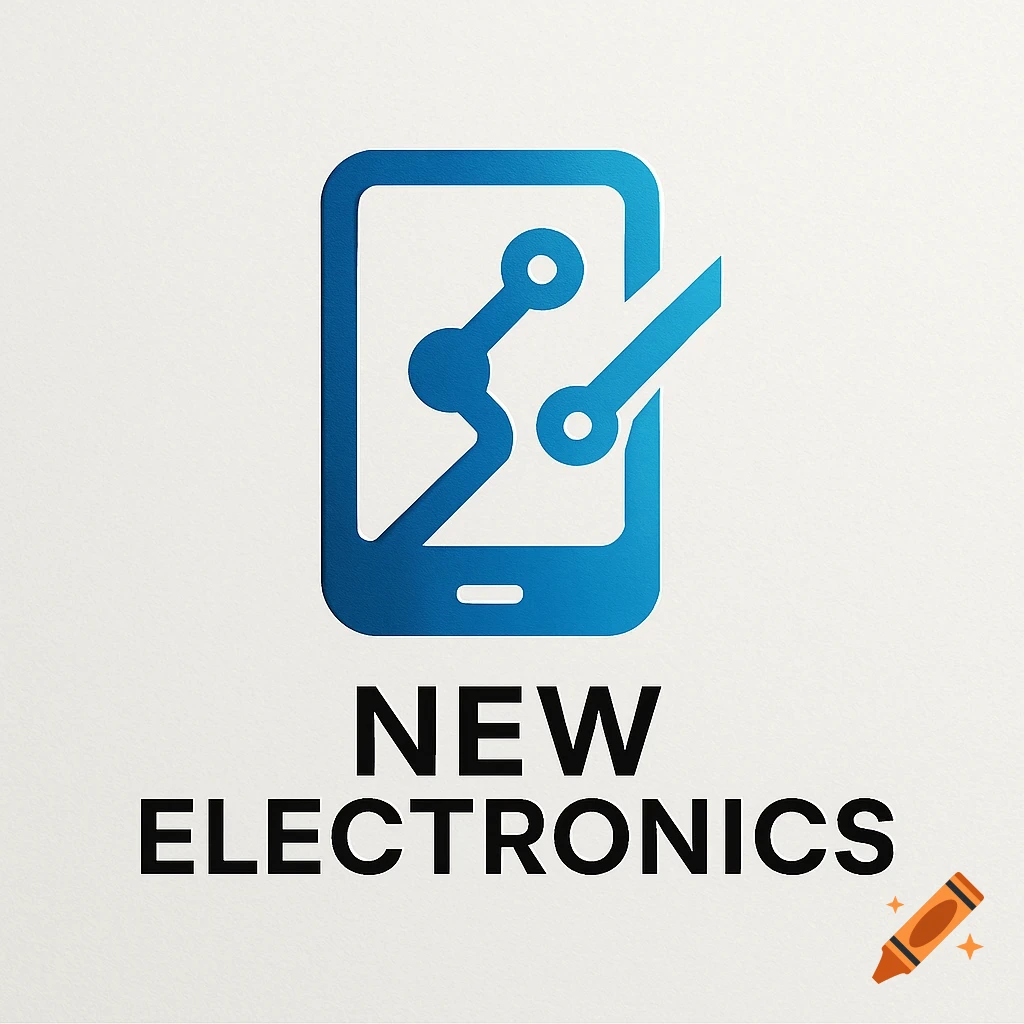 Blue gradient logo with a stylized smartphone and circuitry, text 'NEW ELECTRONICS'.