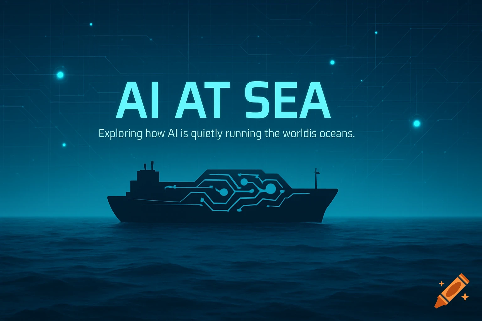 A futuristic banner shows a ship with circuit patterns on a deep blue ocean under the text 'AI AT SEA' and a tagline.