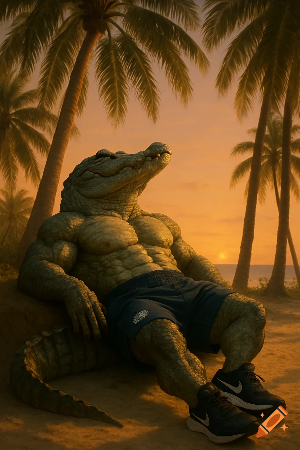 A muscular, anthropomorphic crocodile wearing blue shorts and black sneakers relaxes on a sandy beach under palm trees at sunset.
