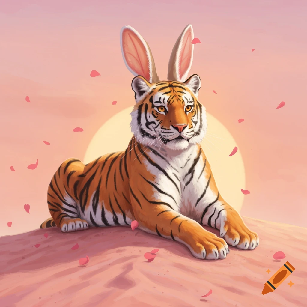 A tiger with long pink bunny ears lies on a pink dune with falling pink petals, against a pink sunset background.