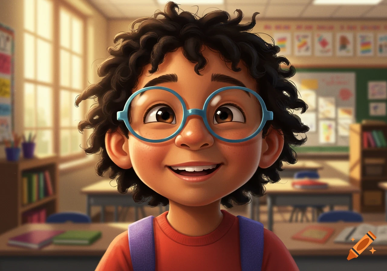 A cartoon child with curly black hair, blue glasses, and a red shirt smiles in a classroom.
