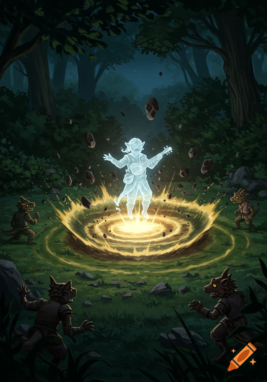 A ghostly halfling bard creates a magical shockwave in a forest, blasting surprised kobolds and rocks away.