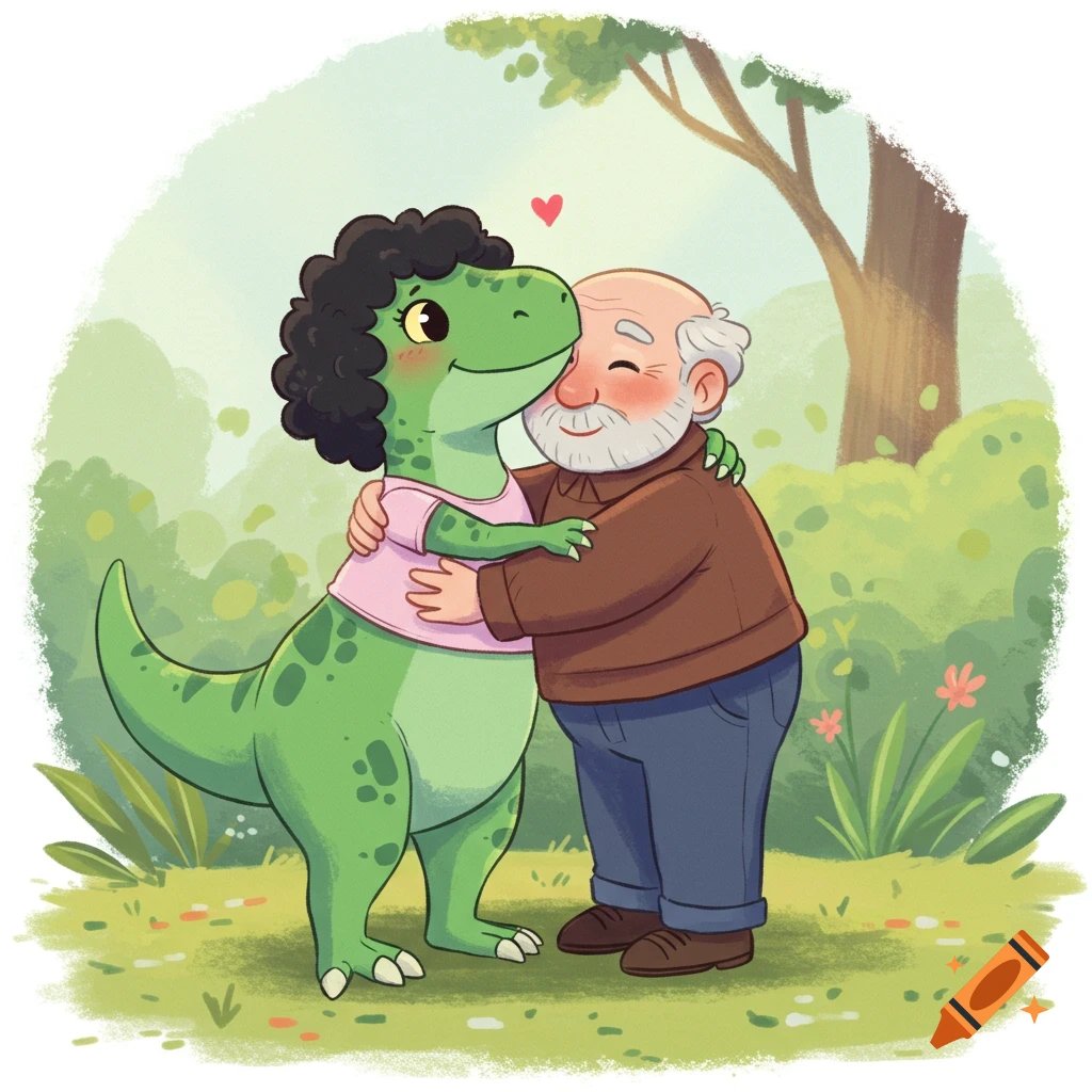 A cute green T-Rex dinosaur with curly black hair hugs a smiling grandpa with a white beard in a cartoon style park setting.