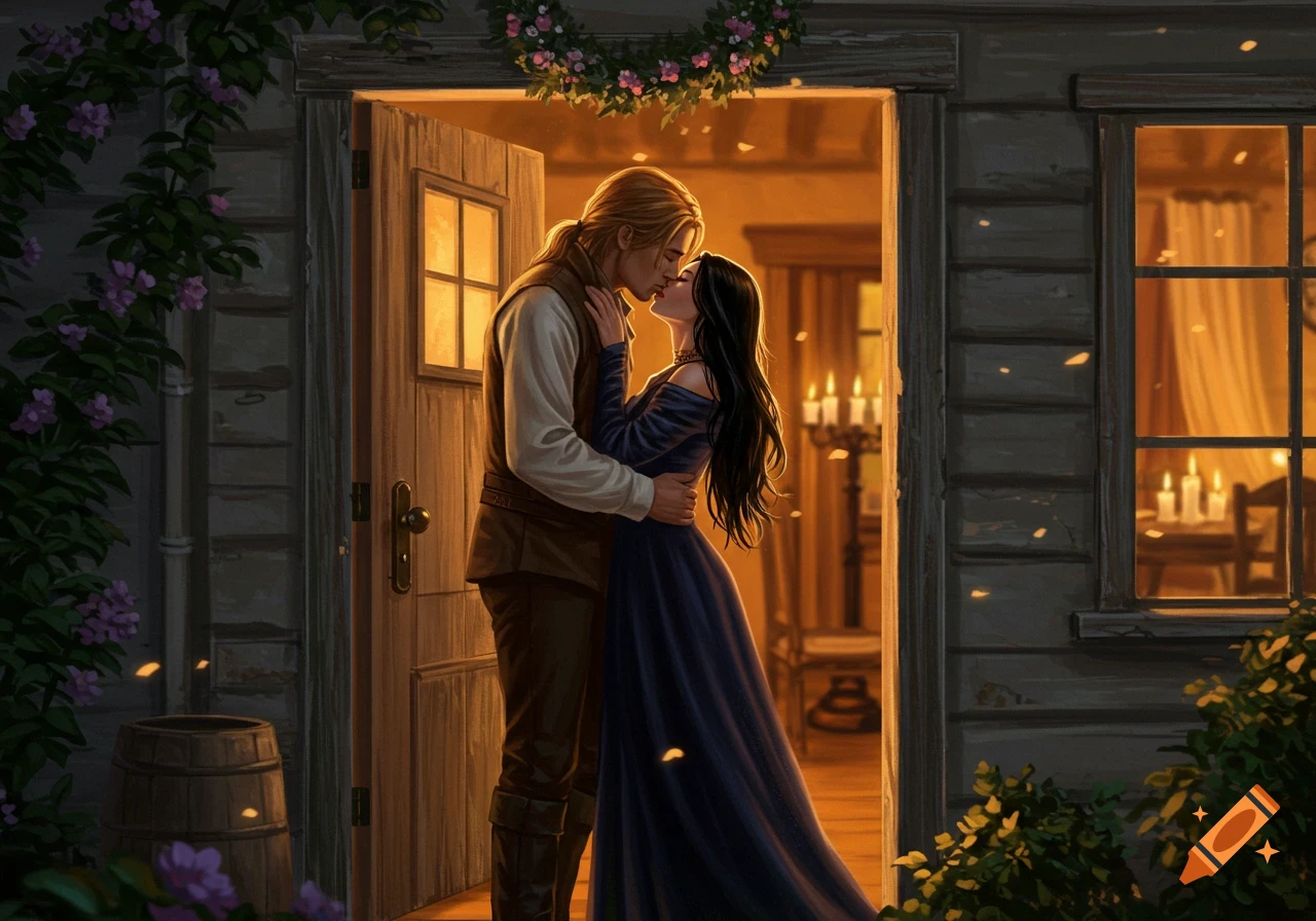 A long-haired man and woman kiss in a house doorway at night, with flowers and candlelight, in a romantic illustration.