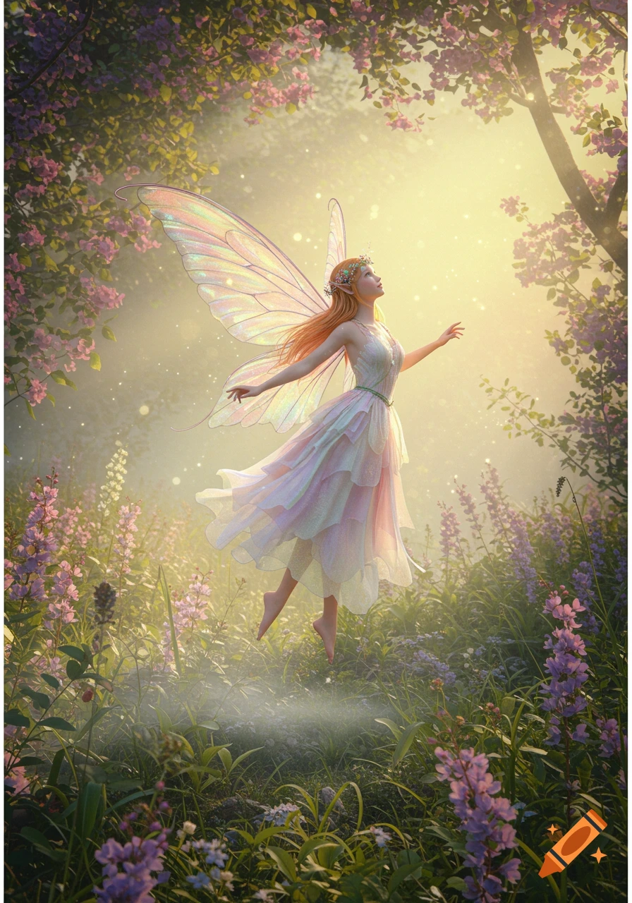 A beautiful fairy with iridescent wings and a flowing pastel dress floats in a sun-drenched forest among purple flowers.