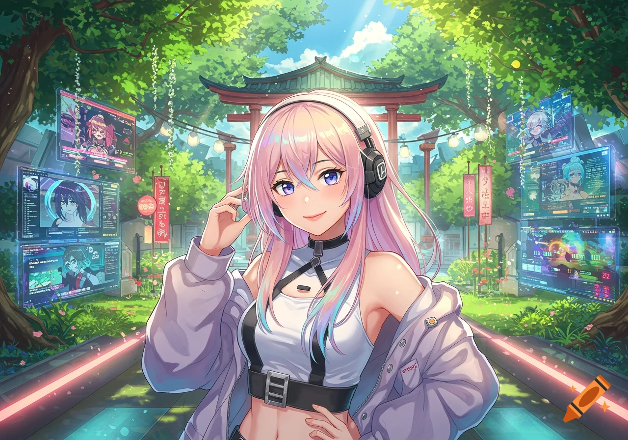 An anime girl with pink hair and headphones smiles in a lush green park with a torii gate, surrounded by floating holographic screens displaying other anime characters.