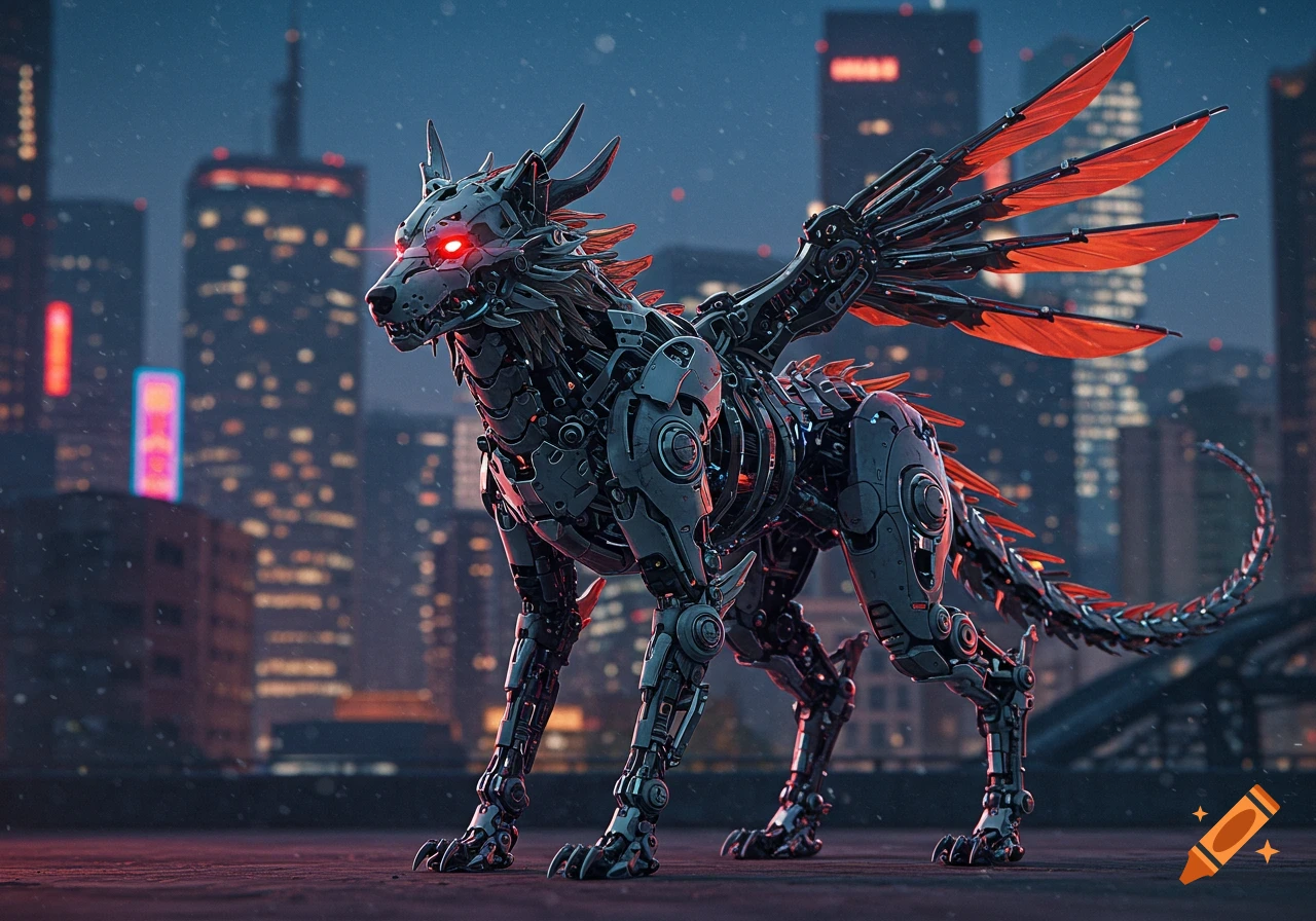 A detailed cybernetic wolf-dragon creature with glowing red eyes and red wings stands on a city rooftop at night.