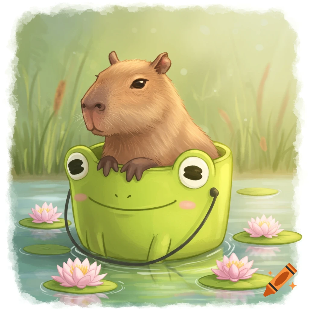 Cute cartoon capybara in a green frog-faced bucket floats on water with pink water lilies.