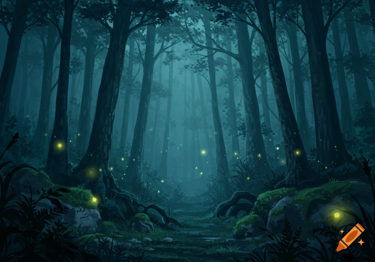 An illustrative fantasy scene of a dark, misty forest at night with tall trees, a path, and glowing yellow fireflies.