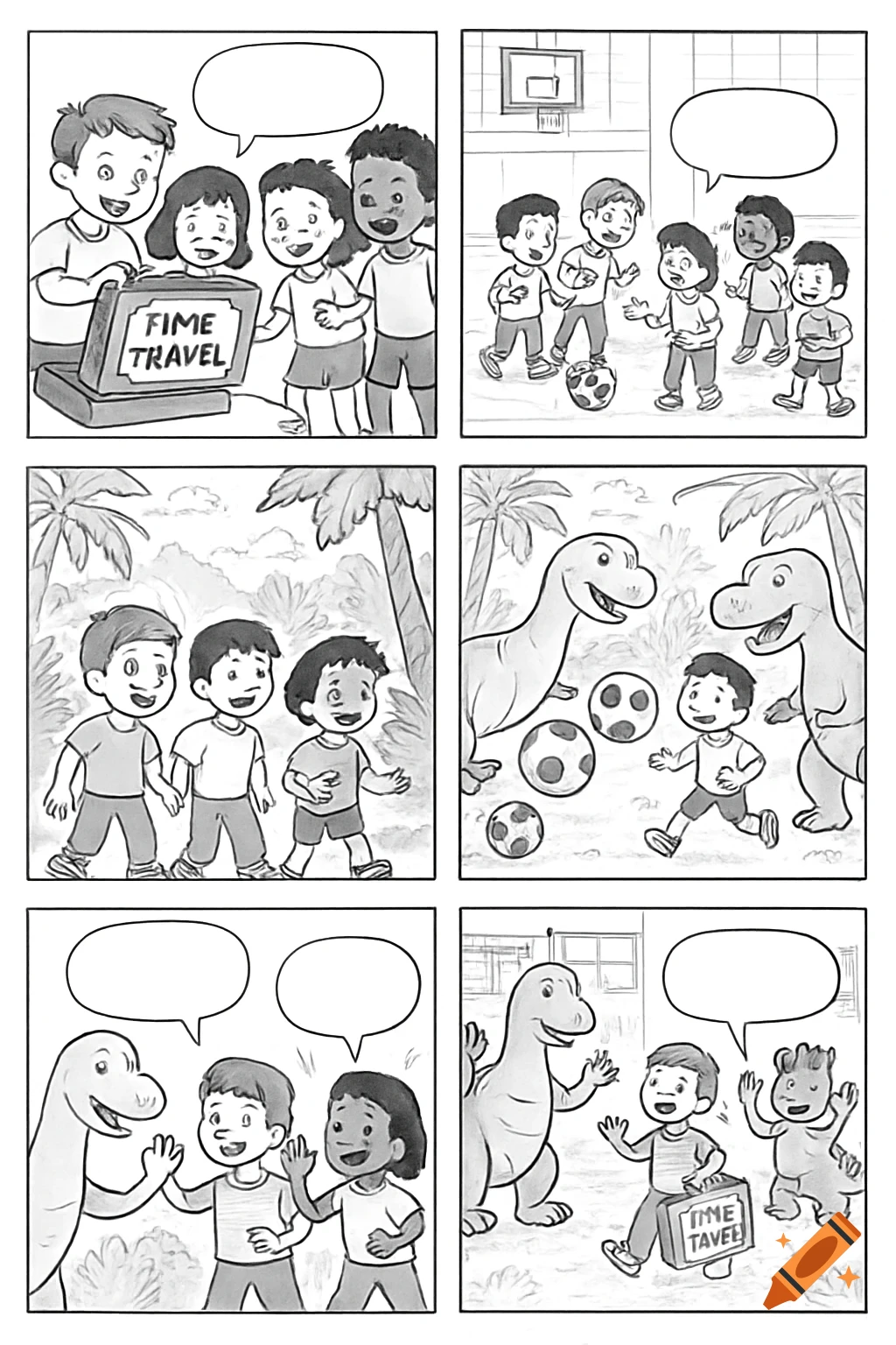 A six-panel black and white comic showing children with a 'time travel' suitcase, playing soccer in a gym, then with friendly dinosaurs in a prehistoric landscape, and finally waving goodbye to a dinosaur.