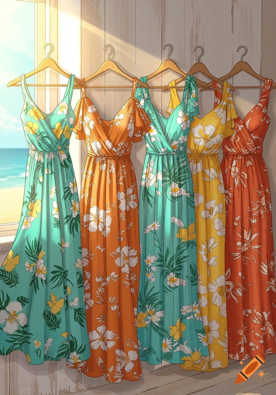 Five colorful, floral beach dresses hang on hangers against a wooden wall with an ocean view, in an anime art style.