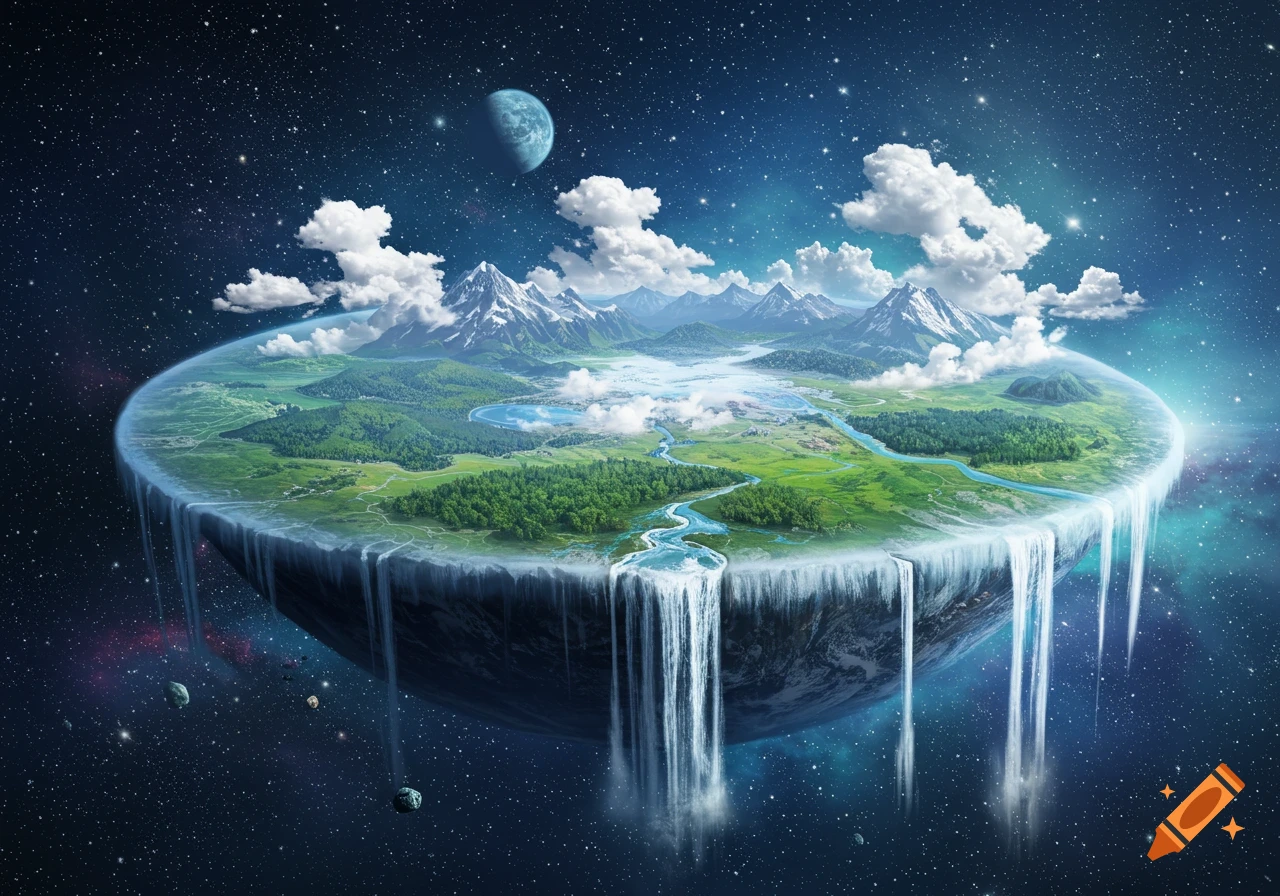 A disc-shaped world with mountains, forests, rivers, and waterfalls floating in starry space with a moon.