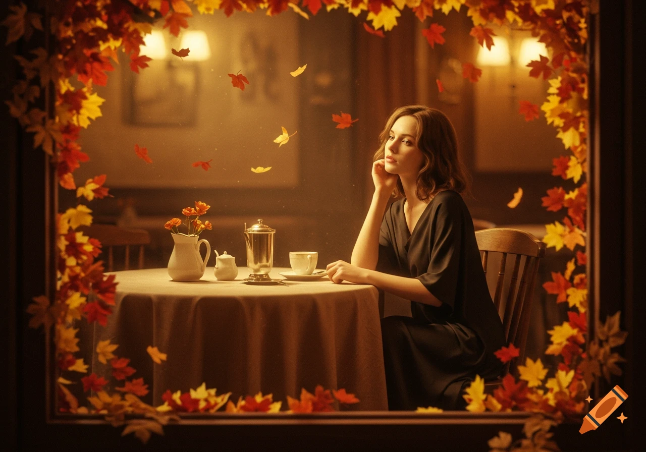 A woman with brown hair sits in a cozy cafe, looking contemplative, framed by warm autumn leaves.