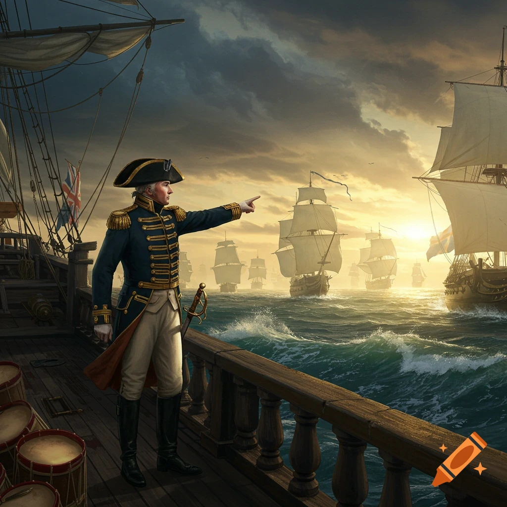 A historical naval commander on a ship's deck points towards a fleet of sailing ships at sunset on a stormy sea.