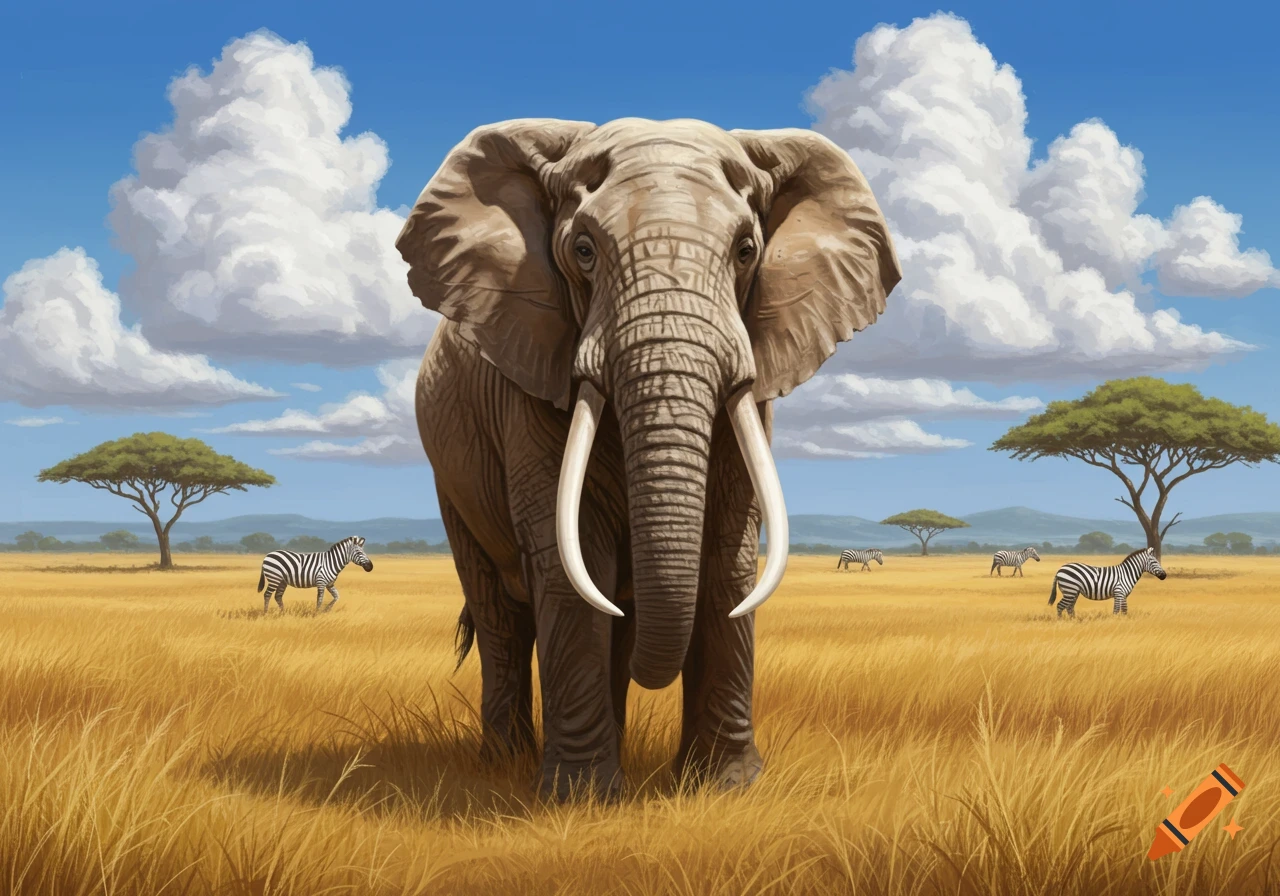 A large elephant with prominent tusks stands in a golden savanna landscape with acacia trees, zebras, and a cloudy blue sky.