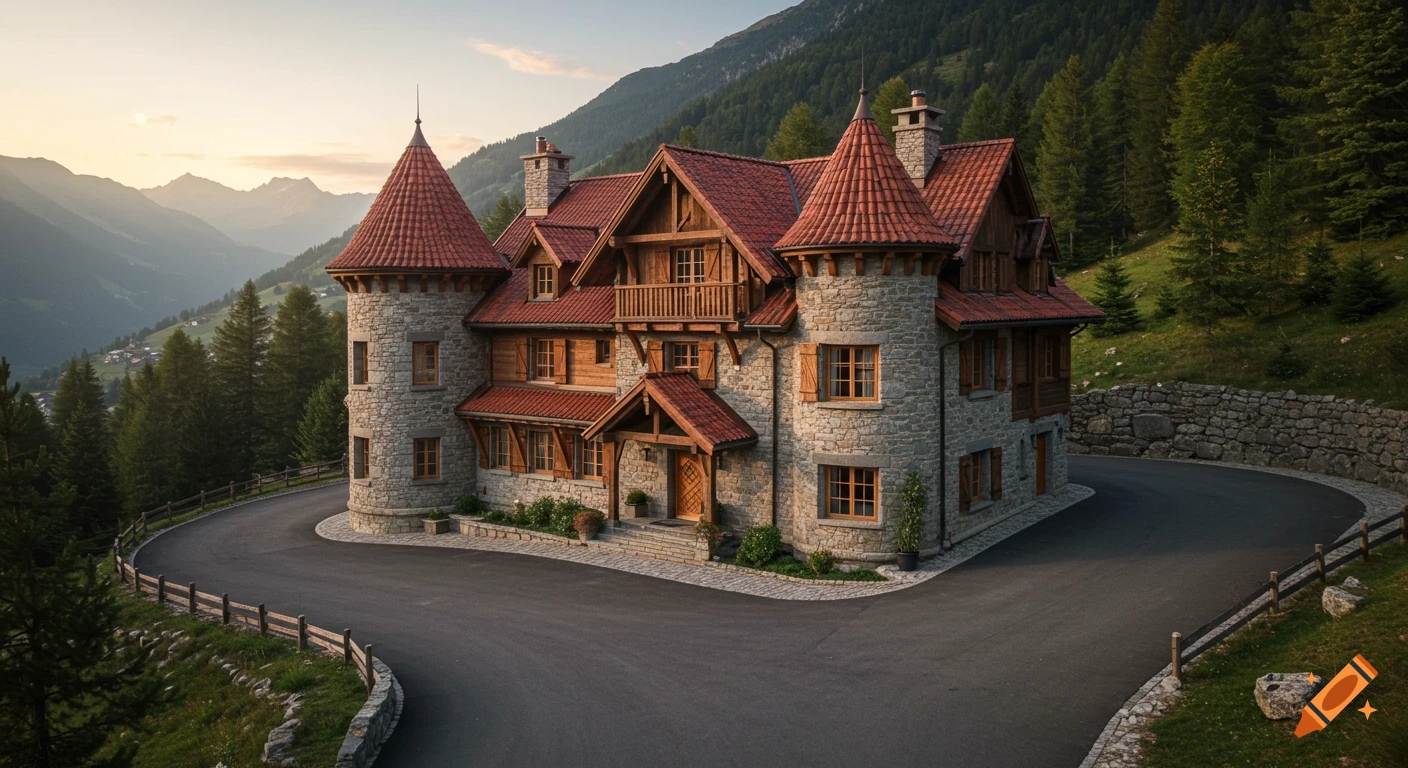 Photorealistic view of a stone and timber French mountain home with red roofs and turrets, on a winding driveway surrounded by alpine scenery at golden hour.
