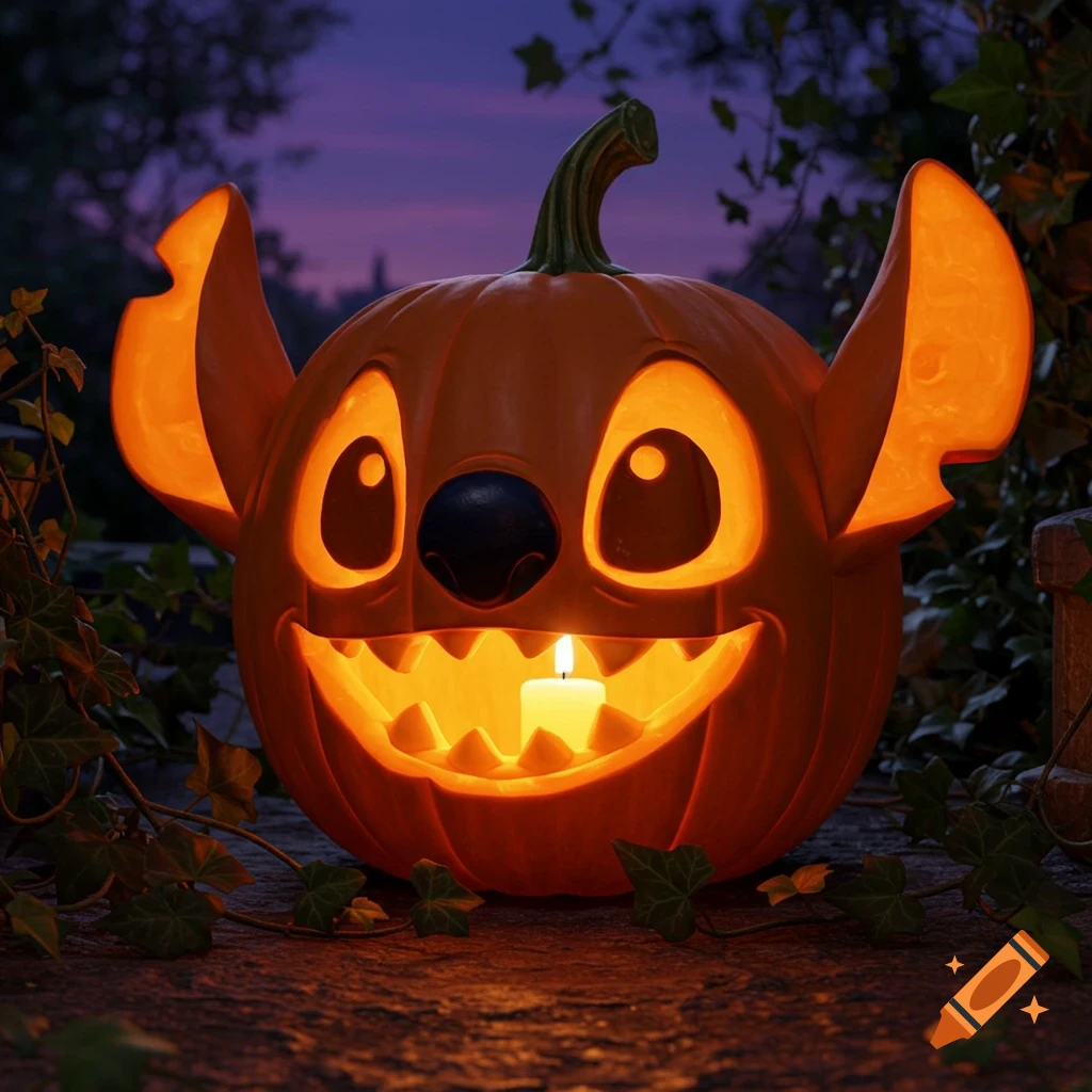 A carved pumpkin resembling Disney's Stitch character, glowing warmly with a candle inside, set at night with ivy.