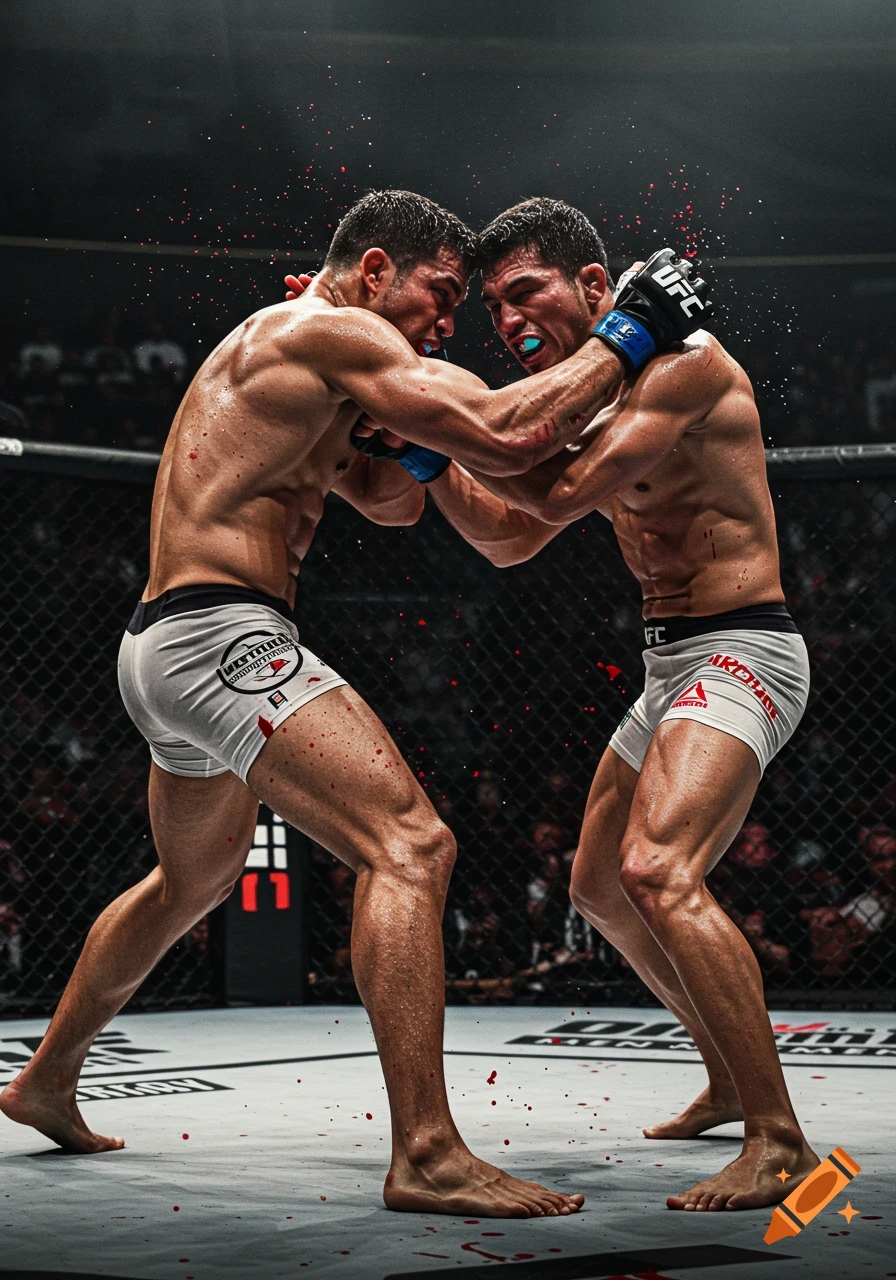 Two muscular UFC fighters grapple intensely in an octagon, covered in blood, with spectators in the background. Photorealistic style.