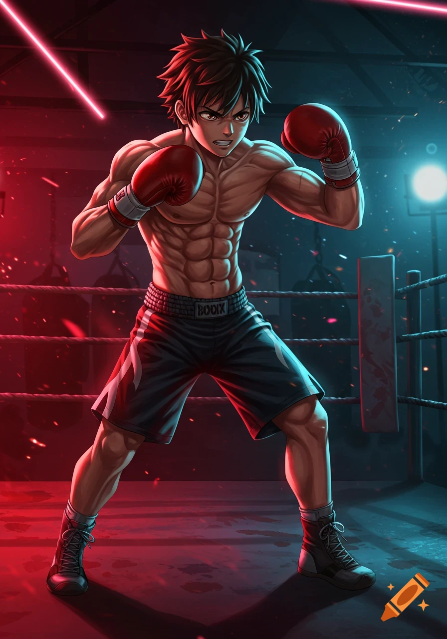 Muscular anime boy in red boxing gloves and black shorts, standing in a boxing ring under dramatic red and blue lights.