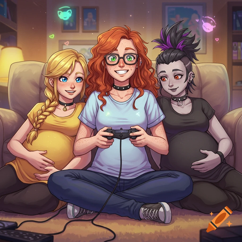 Three anime-style women, two pregnant, play video games on a couch. The central woman has red hair and glasses; her blonde and punk wives sit beside her.