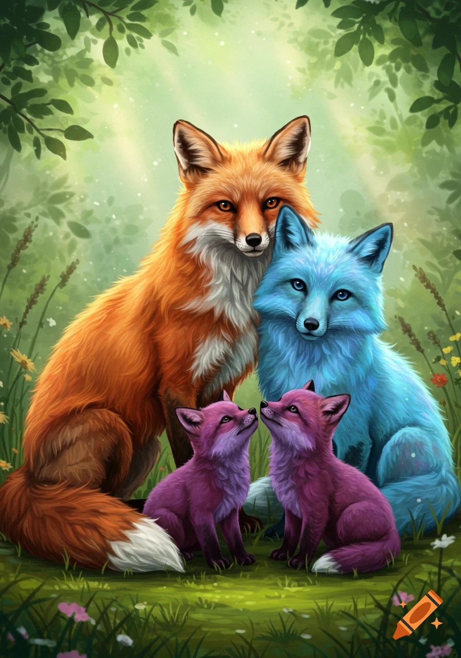A stylized illustration of an orange fox and a blue fox with two small purple fox kits in a lush forest.