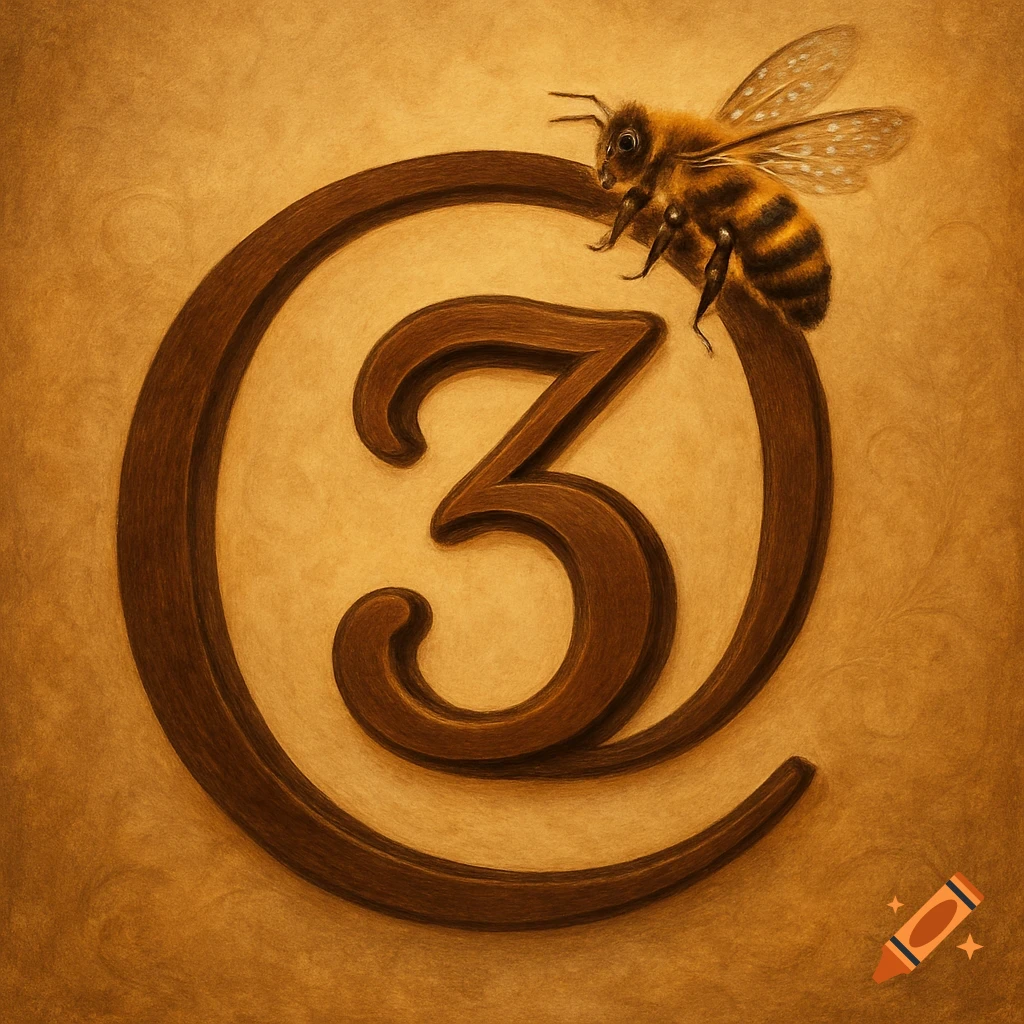 A realistic bee perches on a large, brown, stylized @ symbol containing the number 3, on a textured brown background.